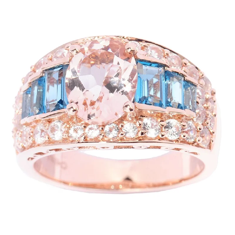 boho-inspired amethyst ring-14k Rose Gold 3 7/8ct TGW Morganite, Blue Topaz and Cubic Zirconia Multi-level Ring