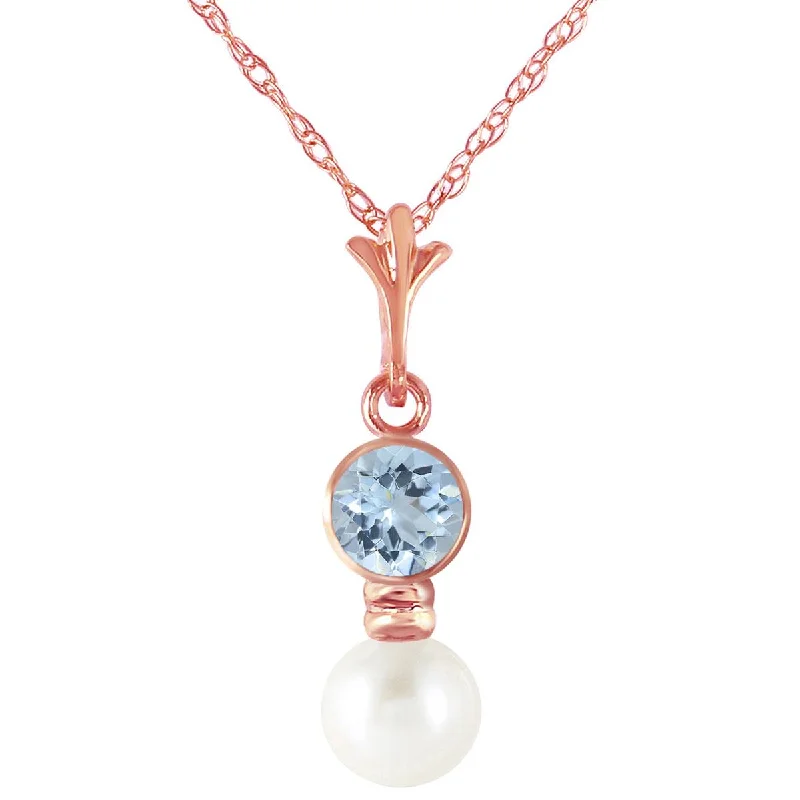 matte copper chain necklace-14K Solid Rose Gold Aquamarine & Pearl Necklace