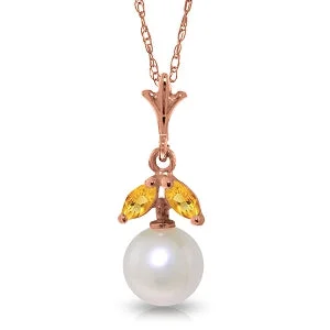 vintage-style sapphire necklace-14K Solid Rose Gold Natural Pearl & Citrine Necklace Certified