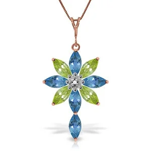 polished silver stellar necklace-14K Solid Rose Gold Necklace w/ Diamond, Blue Topaz & Peridots