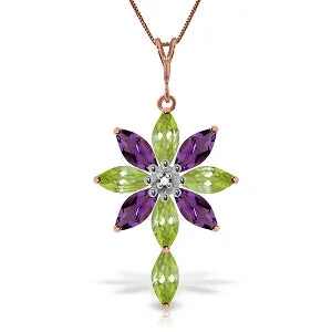 minimalist peak crest necklace-14K Solid Rose Gold Necklace w/ Diamond, Peridot & Amethyst