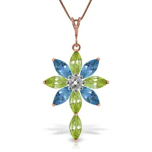 striking ruby cluster necklace-14K Solid Rose Gold Necklace w/ Diamond, Peridot & Blue Topaz