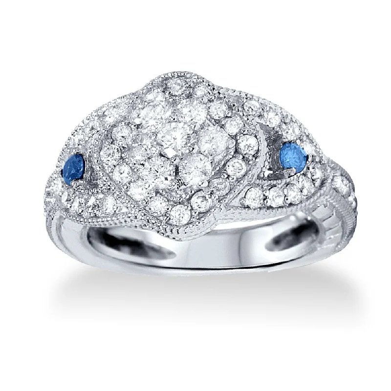 nature-themed willow ring-14k White Gold 0.79ct TDW Vintage-style Diamond Ring with Blue Diamond Accent