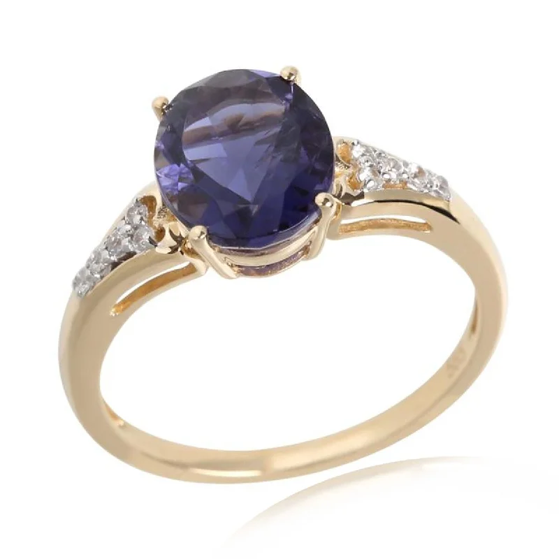 boho-inspired amethyst ring-14Kt Yellow Gold Iolite and White Natural Zircon Ring