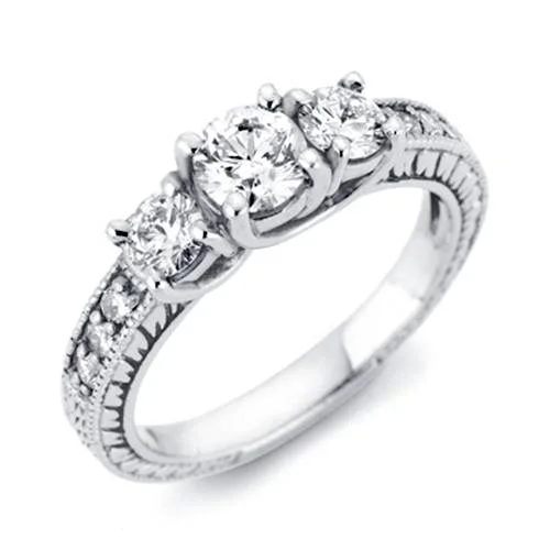 artisan-crafted tantalum ring-1ct Vintage Three Stone Round Diamond Engagement Ring 14K White Gold