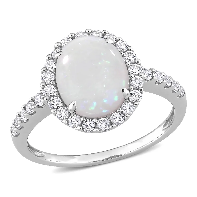 art deco opal ring-2 1/4 CT TGW Halo Oval Opal and Created White Sapphire Ring in 10K White Gold