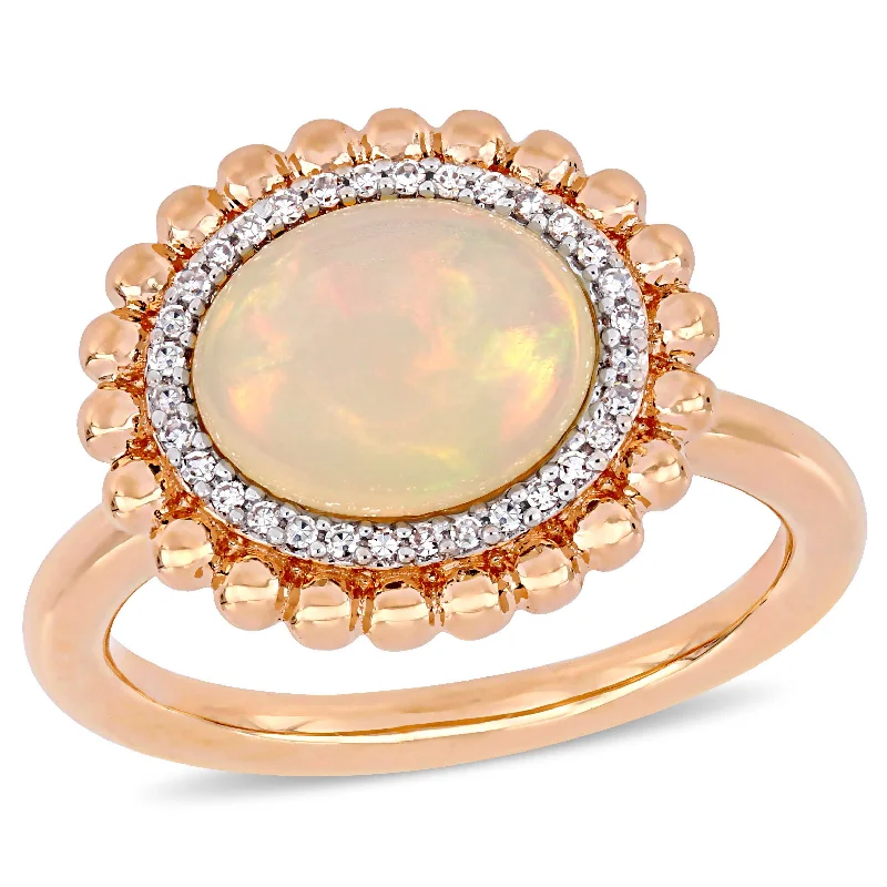 inscribed dynasty ring-2 3/4 CT TGW Oval-Cut Ethiopian Blue-Hued Opal and 1/10 CT TW Diamond Halo Ring in 14K Rose Gold