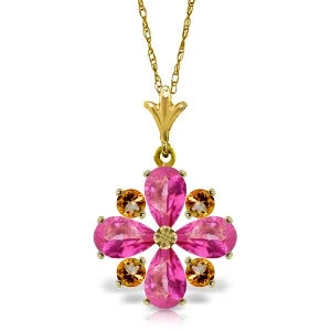 bohemian crest peak necklace-2.43 Carat 14K Solid Yellow Gold Necklace Natural Pink Topaz Citrine