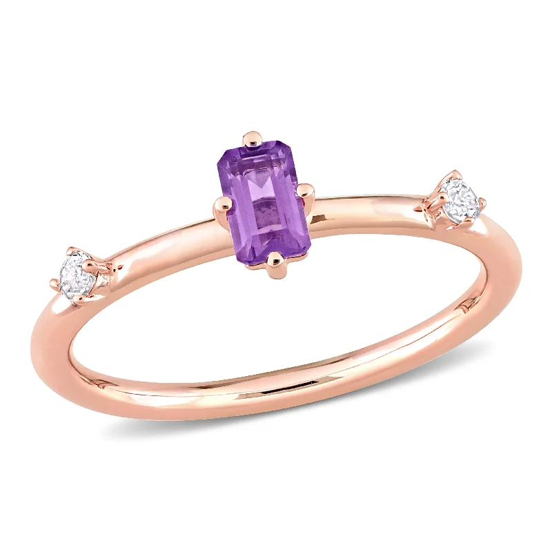 floral-inspired amethyst ring-2/5 CT TGW Emerald-Cut Amethyst and White Topaz Stackable Ring in 10k Rose Gold