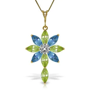 bohemian totem necklace-2 Carat 14K Solid Yellow Gold Necklace Diamond, Peridot Blue Topaz