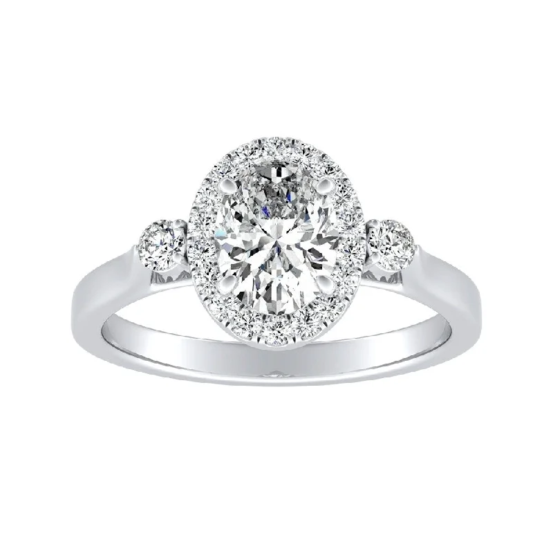 minimalist crest summit ring-3-stone Halo Oval Diamond Engagement Ring 1 1/4ctw 18k Gold by Auriya (H-I, SI1-SI2)