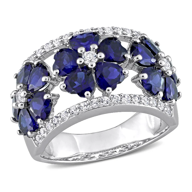 artisan-crafted jade ring-4 1/2 CT TGW Created Blue and Created White Sapphire Floral Ring in Sterling Silver