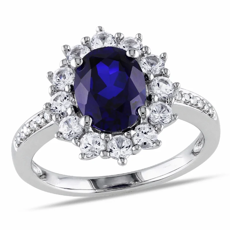 minimalist peak crest ring-4 CT TGW Created Blue and White Sapphire and 0.05 CT TW Diamond Halo Ring in Sterling Silver