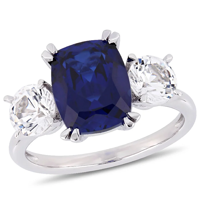 modern sleek ridge summit ring-6 1/10 CT TGW Cushion-Cut Created Blue and Created White Sapphire Three-Stone Ring in 10K White Gold