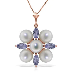 art deco turquoise necklace-6.3 Carat 14K Solid Rose Gold Necklace Tanzanite Pearl