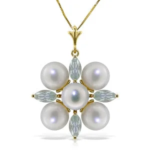 adjustable willow crest necklace-6.3 Carat 14K Solid Yellow Gold White Night Aquamarine Pearl Necklace