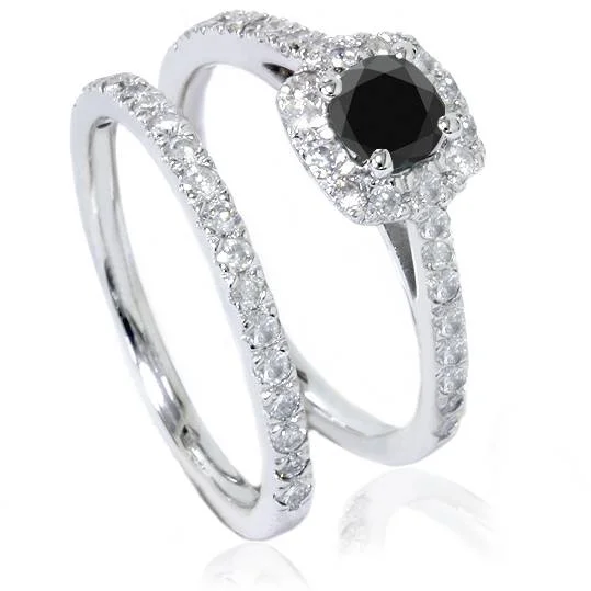 tarnished gold band ring-7/8ct Cushion Halo Black Diamond Engagement Ring Set 14K White Gold