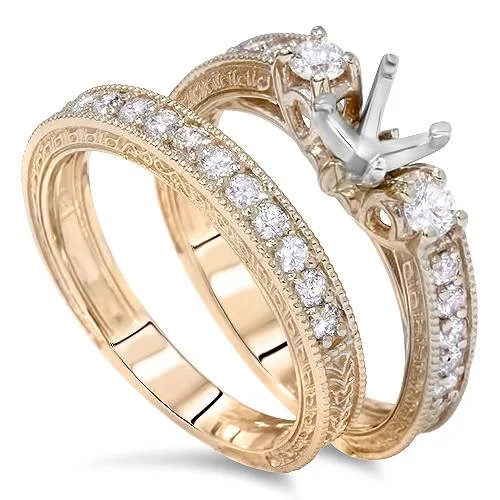 modern sculpted band ring-7/8ct Vintage Engagement Ring Mount Set 14K Yellow Gold