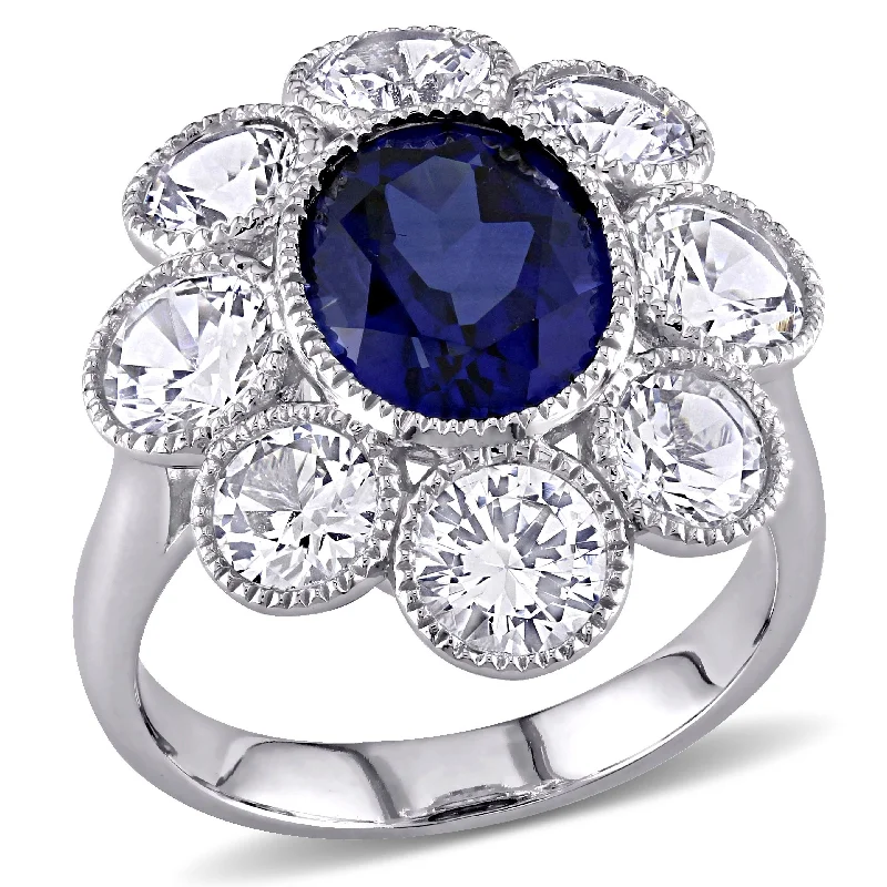 inscribed eternity ring-8 3/5 CT TGW Created Blue and Created White Sapphire Floral Ring in 10K White Gold