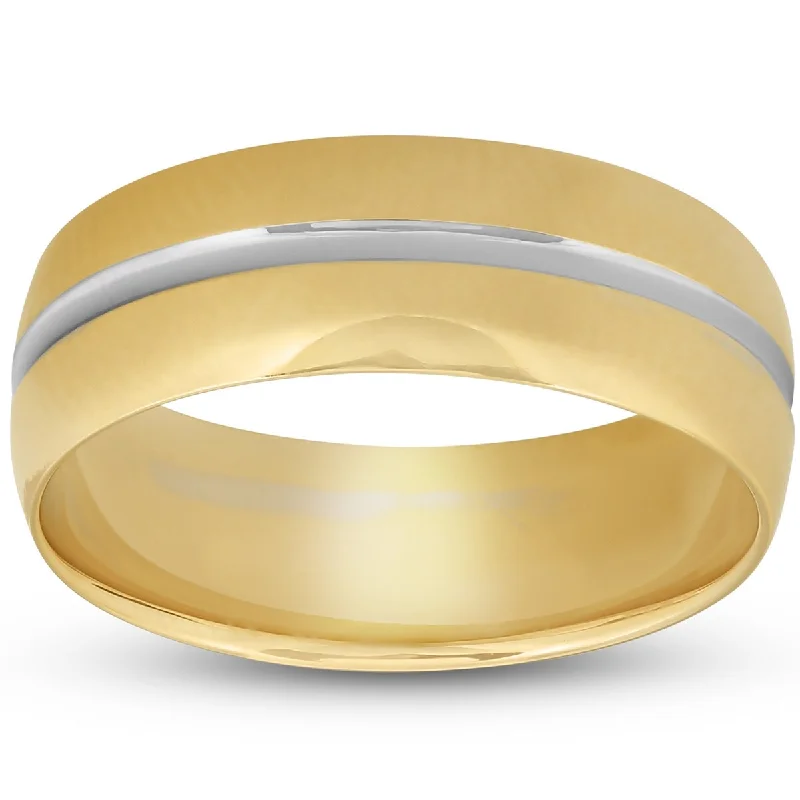 nature-themed crest peak ring-8MM Mens 14k Yellow Gold Ring Two Tone Brushed Wedding Band