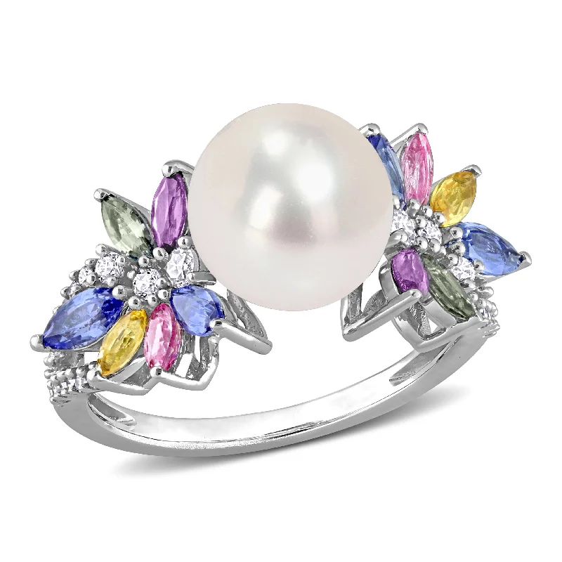 adjustable crest ridge ring-9-9.5 MM Cultured Freshwater Pearl and 1 3/4 CT TGW Multi Sapphire (Light Blue, White, Yellow, Pink, Purple & Green) and 1/8 CT TW Diamond Flower Ring in 14k White Gold