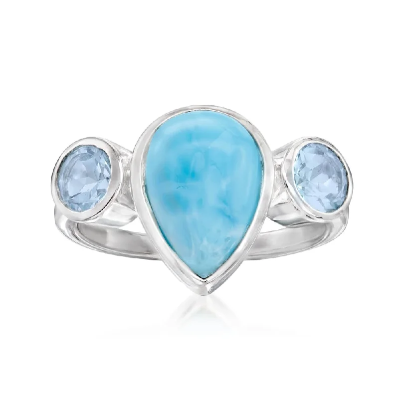 vintage-inspired amethyst ring-925 Sterling Silver Larimar and Sky Blue Topaz 3-Stone Ring