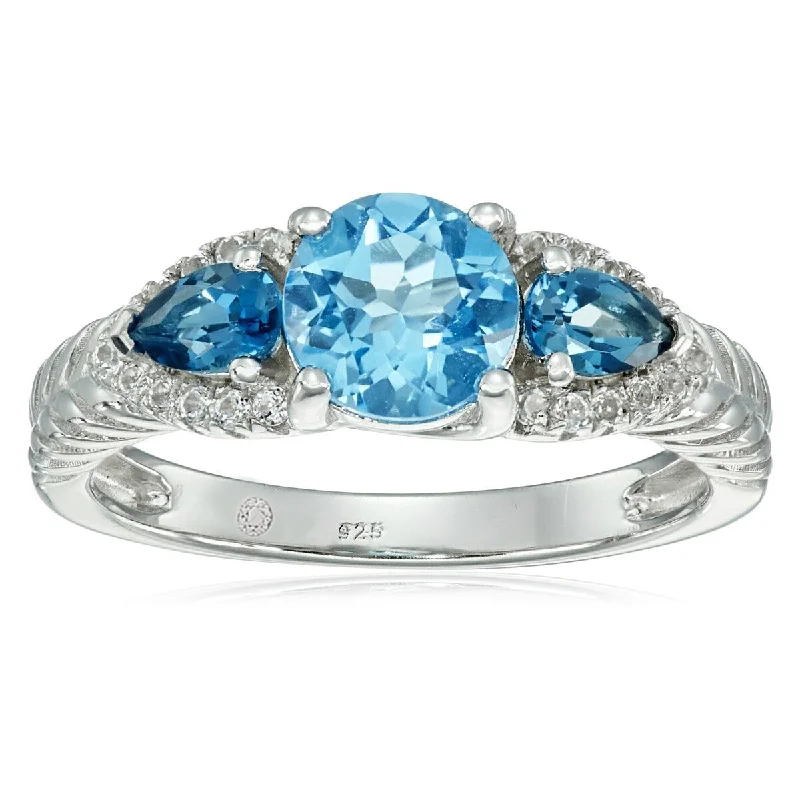 adjustable ridge crest ring-925 Sterling Silver London Blue Topaz and Swiss Blue Topaz 3-Stone Ring