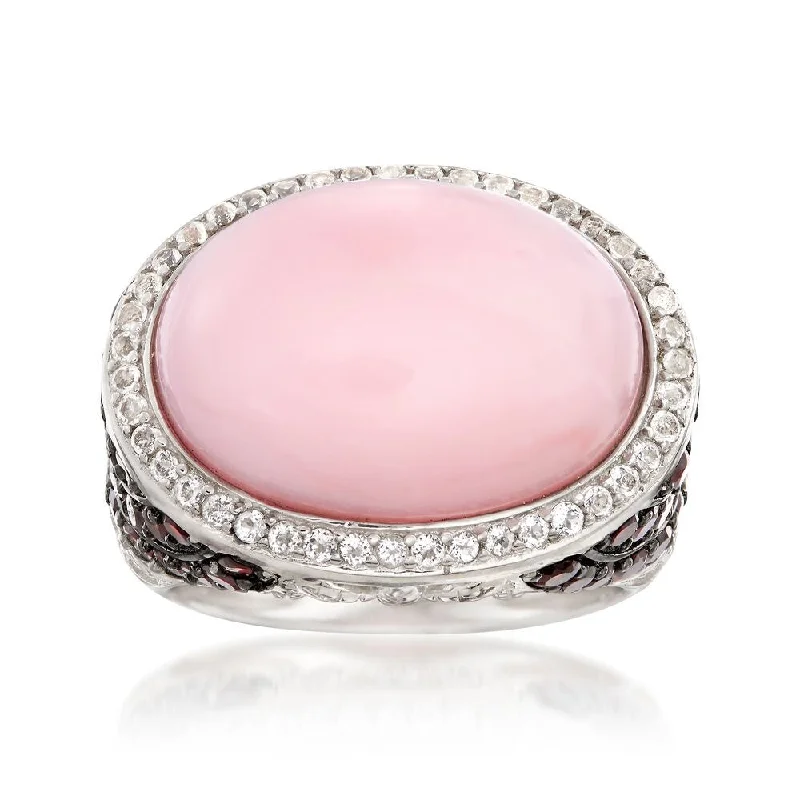 art deco opal ring-925 Sterling Silver Pink Opal, Red Garnet,White Topaz Ring