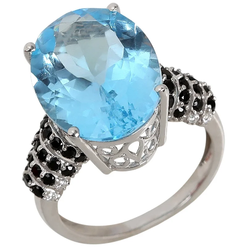 artisan-crafted rose ring-925 Sterling Silver Sky Blue Topaz and Black Spinel Gemstone Solitaire Ring