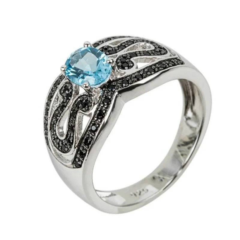 matte bronze spiral ring-925 Sterling Silver Swiss Blue Topaz and Black Spinel Ring