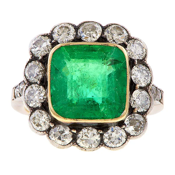 floral-inspired turquoise ring-Antique Square Emerald & Diamond Ring