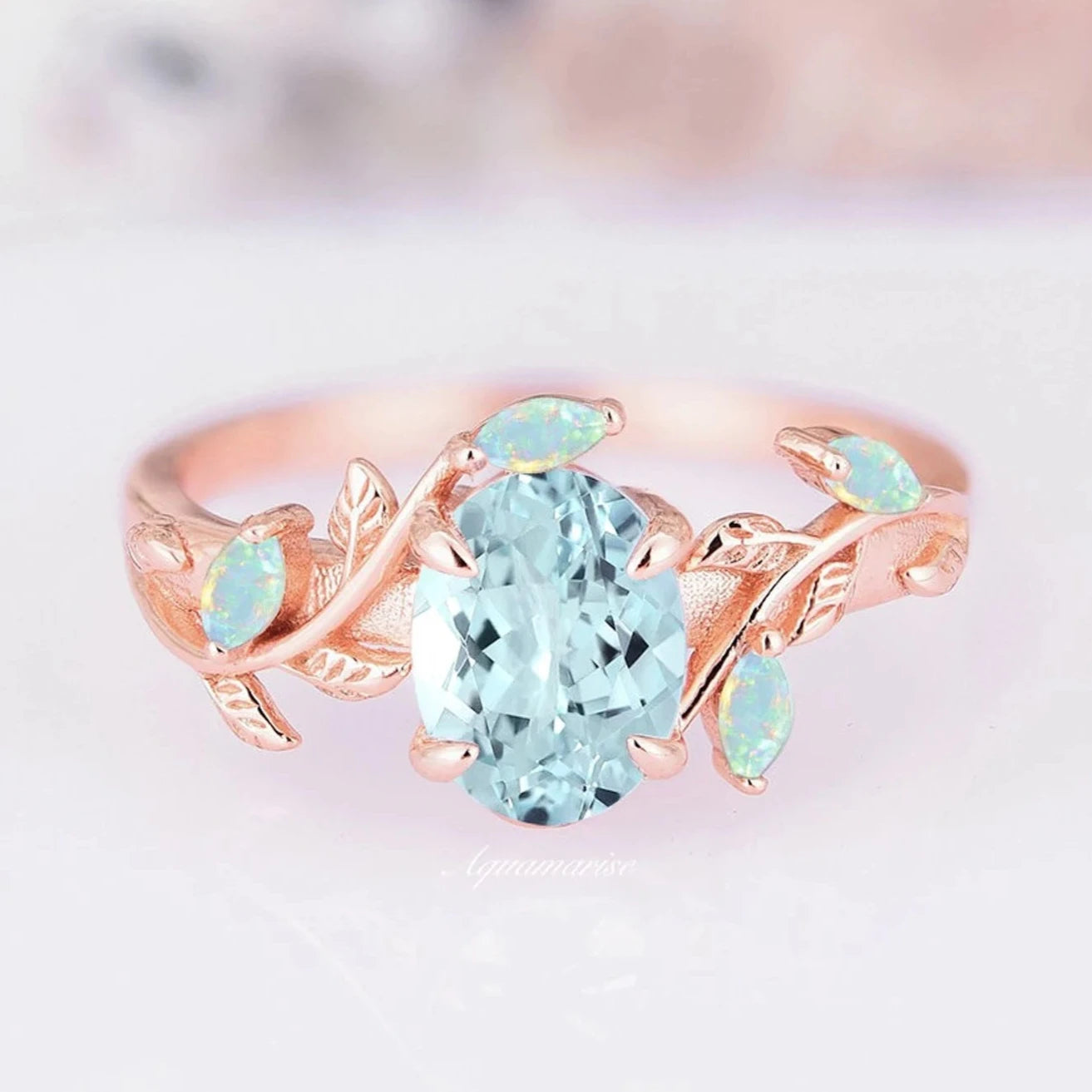 inscribed lineage ring-Aquamarine & Fire Opal Leaf Engagement Ring- 14K Solid Rose Gold