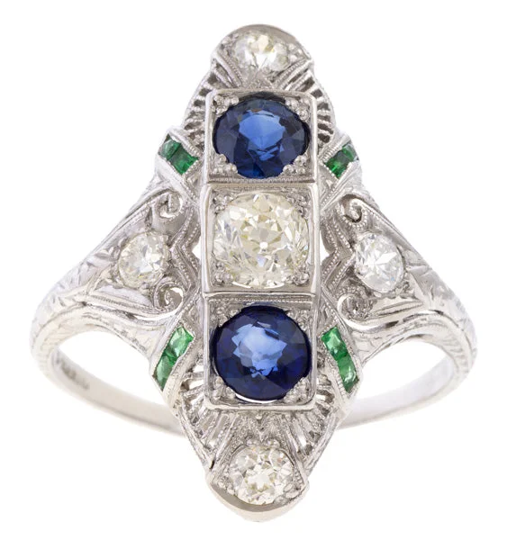 gothic-inspired eagle claw ring-Art Deco Diamond, Sapphire & Emerald Dinner Ring