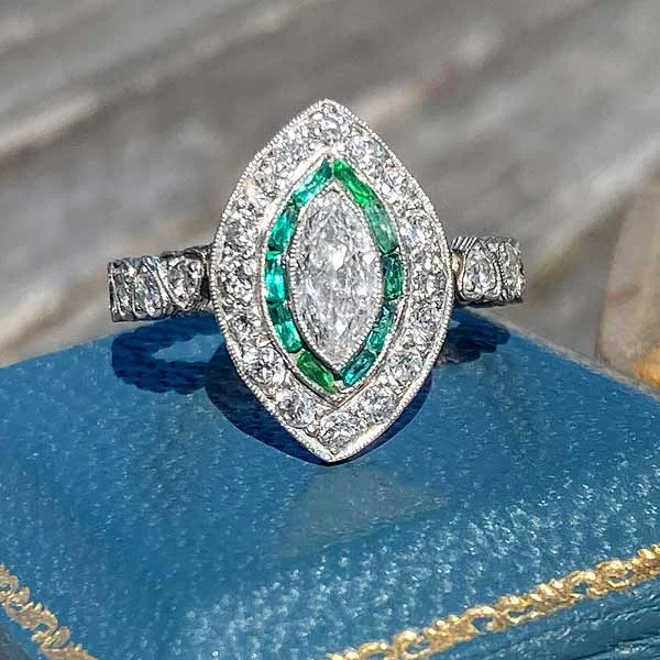 floral eternity emerald ring-Art Deco Marquise Diamond & Emerald Ring, 0.50ct.