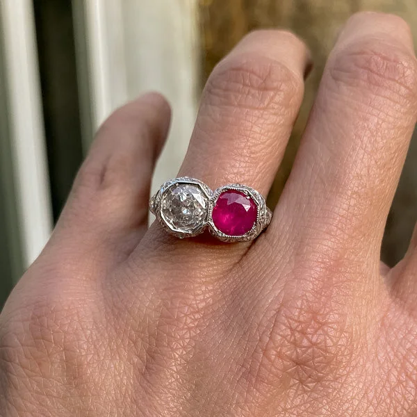 adjustable crest ridge ring-Art Deco Ruby & Diamond Twin Stone Ring