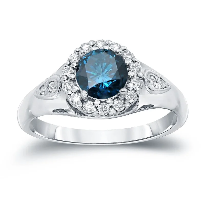 bold ruby summit peak ring-Auriya 1 1/4ctw Round Halo Blue Diamond Engagement Ring 14k Gold