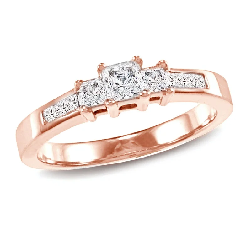 bold emerald prong ring-Auriya 1/2ctw 3 Stone Princess-Cut Diamond Engagement Ring 14k Rose Gold (I-J, I1-I2)