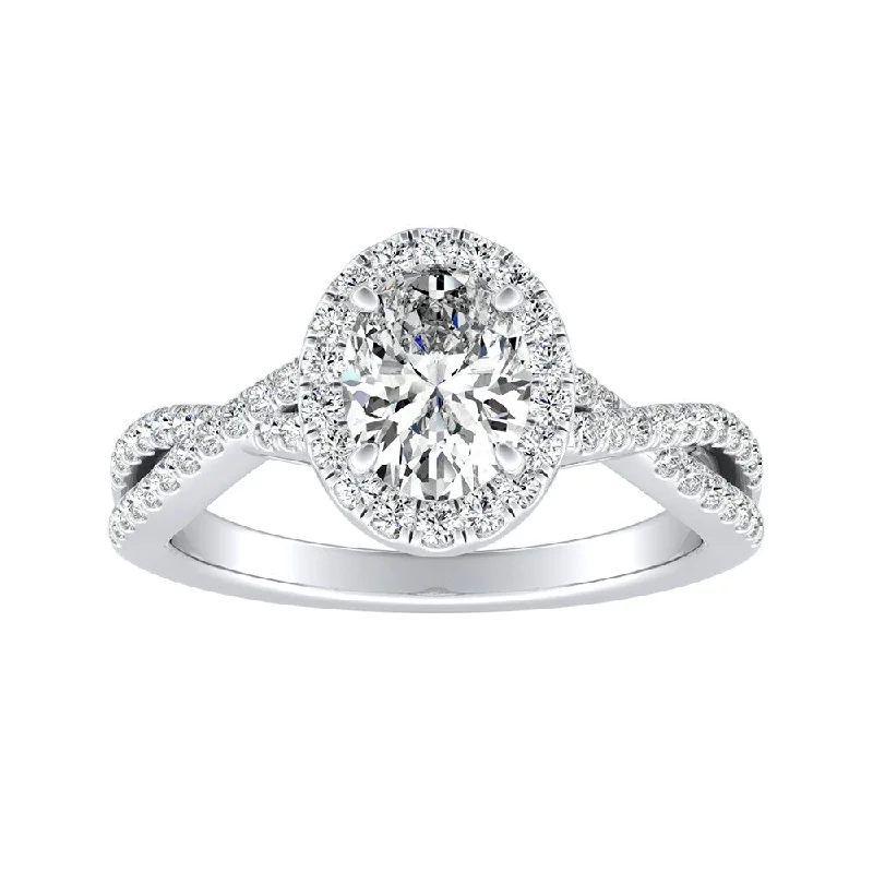 floral prong diamond ring-Auriya 14k Gold 1 1/3ctw Twisted Oval-cut Halo Diamond Engagement Ring