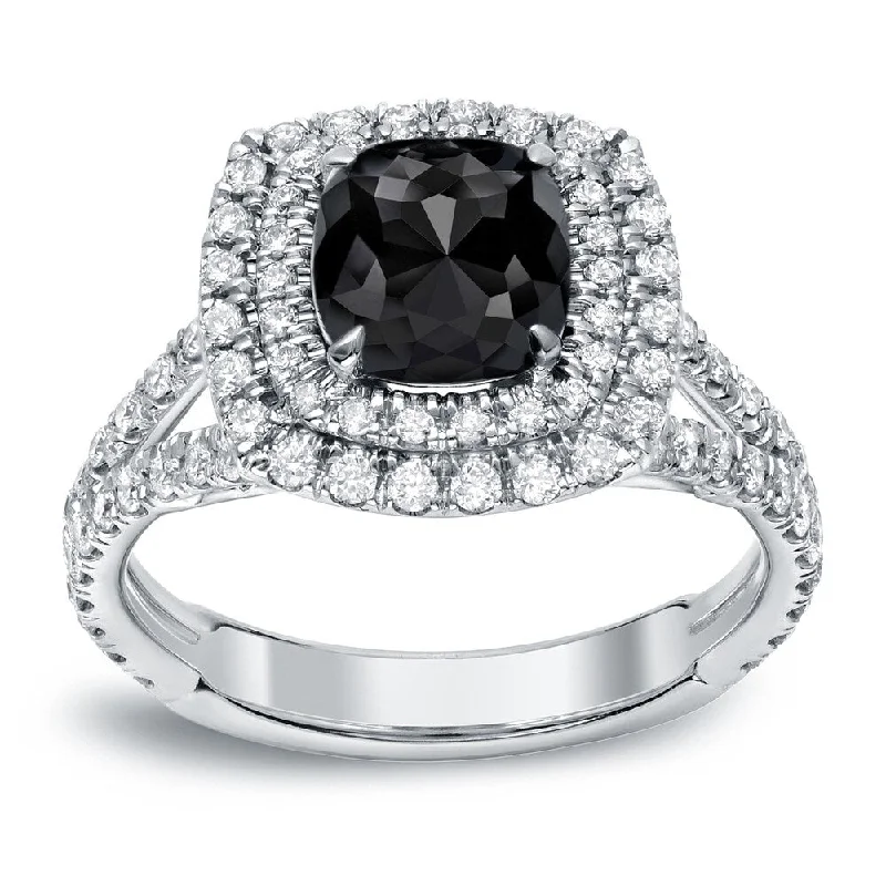 adjustable crest ridge ring-Auriya 18k Gold 2 1/4ctw Cushion-cut Double Halo Black Diamond Engagement Ring (H-I, SI1-SI2)