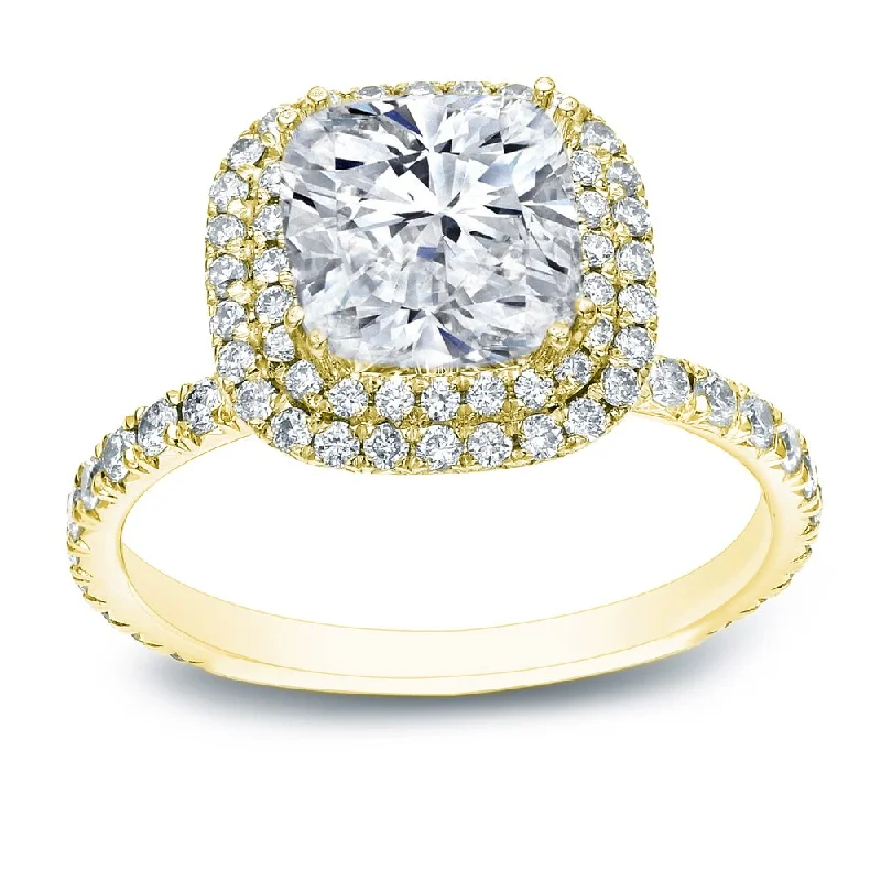 minimalist summit ridge ring-Auriya 18k Gold 3ctw Cushion-cut Halo Diamond Engagement Ring Certified (J-K, VS1-VS2)