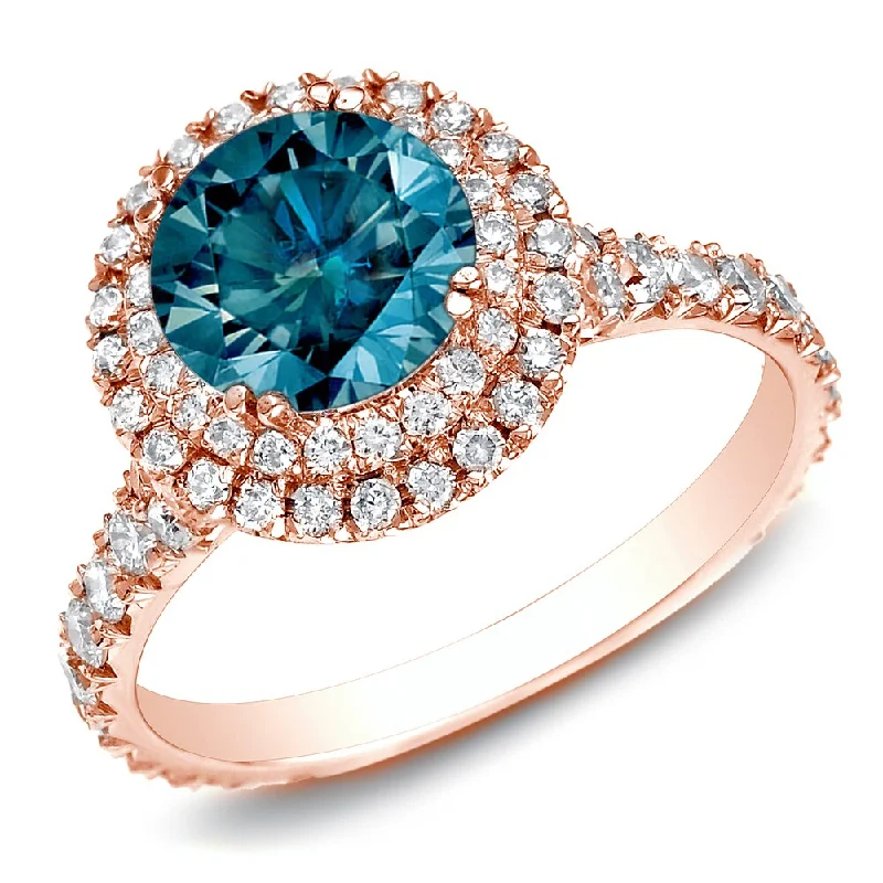 modern layered emerald ring-Auriya 2ctw Double Halo Blue Diamond Engagement Ring 14k Rose Gold