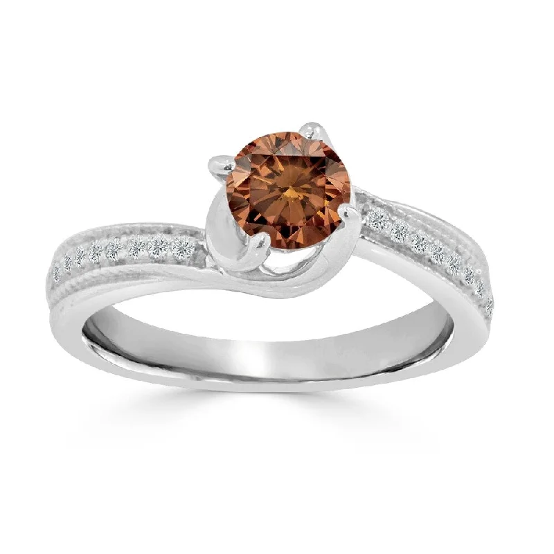 matte silver spiral ring-Auriya 3/4ct TDW Round Solitaire Swirl Brown Diamond Engagement Ring 14K Gold