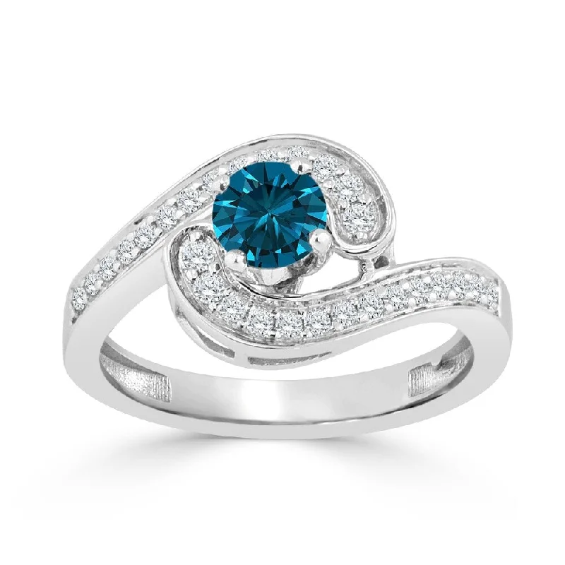 floral-inspired opal ring-Auriya Bypass Swirl 3/4ctw Halo Blue Diamond Engagement Ring 14k Gold