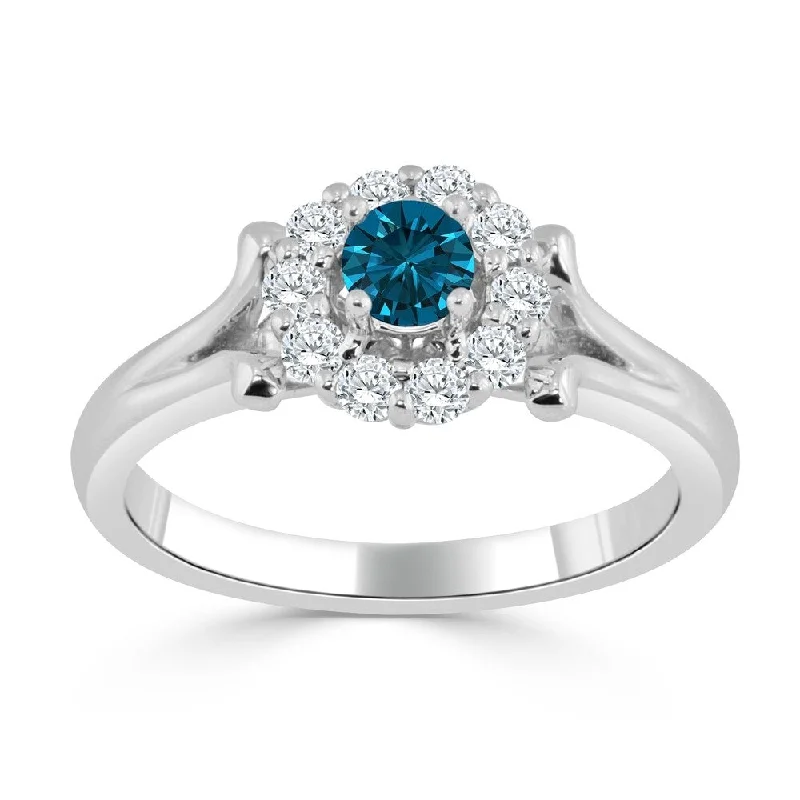 tarnished rose stack ring-Auriya Floral Inspired 1/2ctw Halo Blue Diamond Engagement Ring 14k Gold