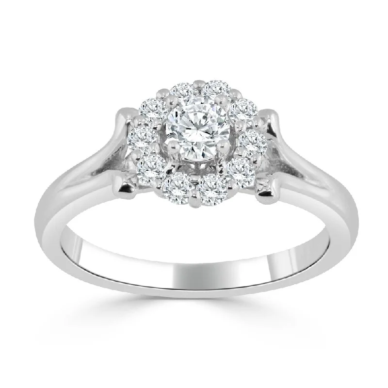 matte silver tier ring-Auriya Floral Inspired 1/2ctw Round Halo Diamond Engagement Ring 14k Gold