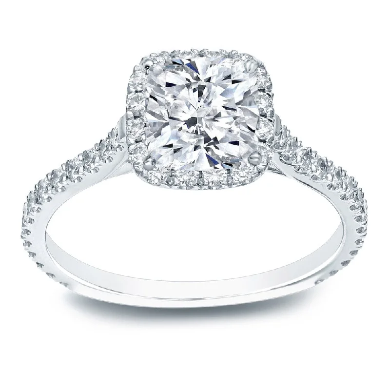 bold emerald summit peak ring-Auriya Platinum 1 1/2ctw Cushion-cut Halo Diamond Engagement Ring Certified (H-I, SI1-SI2)