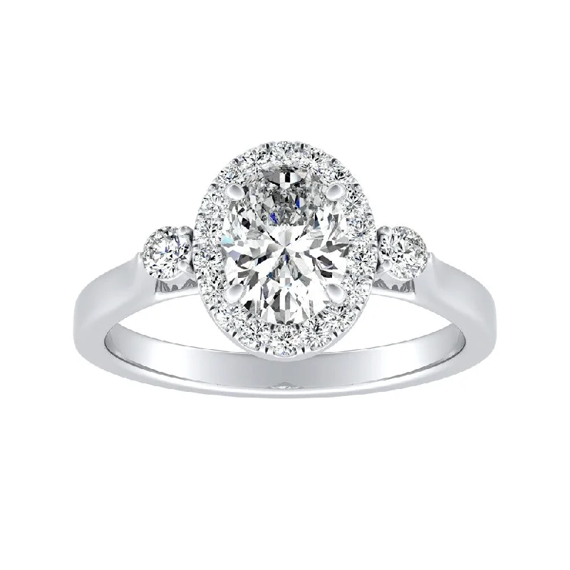 minimalist ridge summit ring-Auriya Platinum 1 1/4ctw Oval 3-stone Halo Diamond Engagement Ring