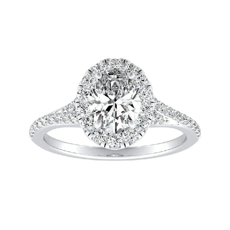 artisan-crafted gold ring-Auriya Platinum Oval Shape 3/4cttw Halo Diamond Engagement Ring (I-J, I1-I2)