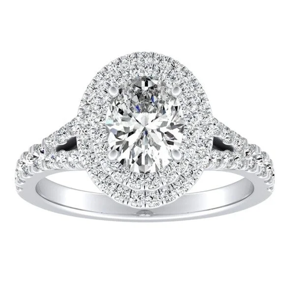 artisan-crafted silver ring-Auriya Platinum Oval Shape Halo Diamond Engagement Ring 3/4ctw (I-J, I1-I2) - White I-J