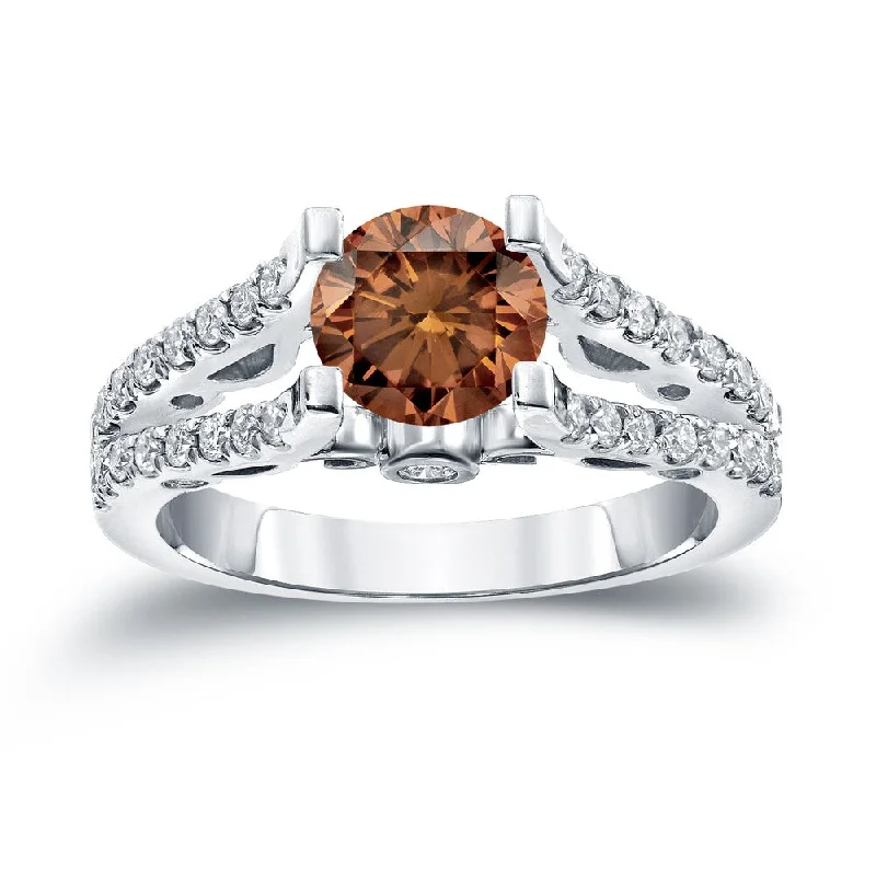 modern sleek ridge summit ring-Auriya Unique Split Shank 1 1/2ct TDW Round Brown Diamond Engagement Ring 14k Gold (H-I, SI1-SI2)